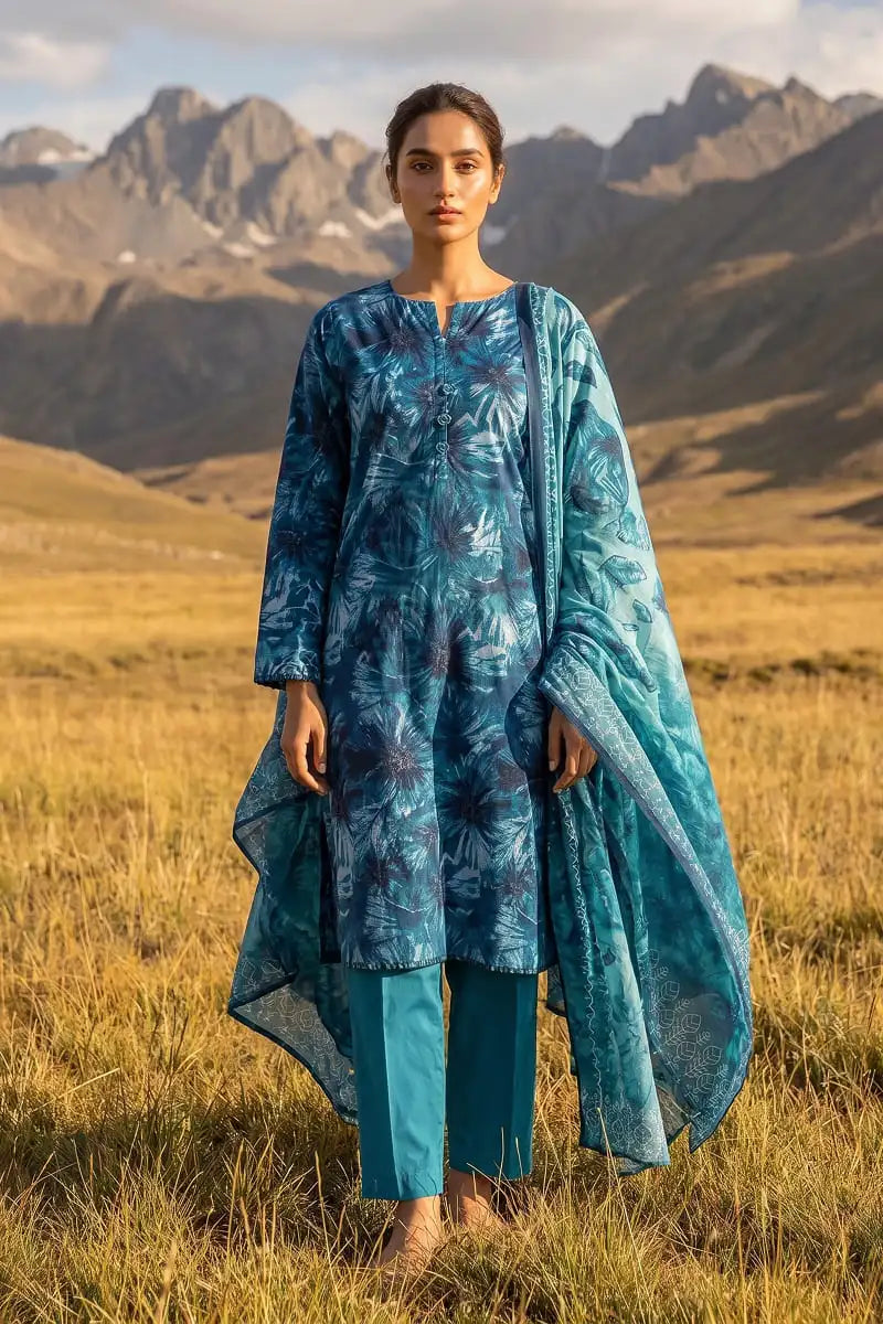 Front pose of model wearing Oceanic Mirage 3 piece unstitched printed lawn suit by Dorikhas Pakistan.