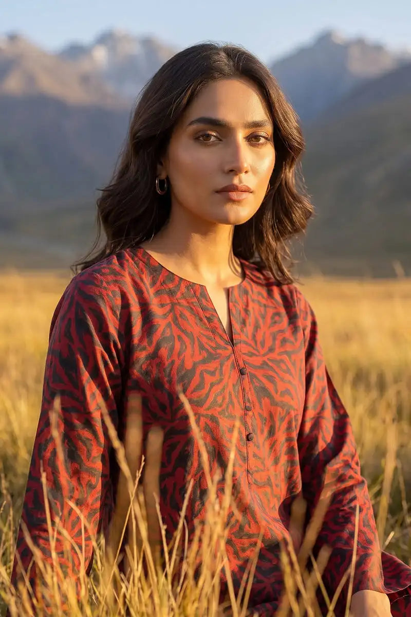 Portrait close-up of model featuring Coral Maze 2 piece unstitched allover printed lawn suit by Dorikhas Pakistan.