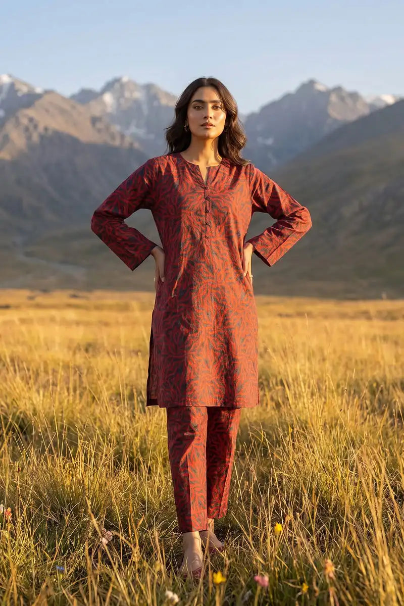 Full-length front pose of Coral Maze 2 piece coral red allover printed lawn suit by Dorikhas Pakistan.