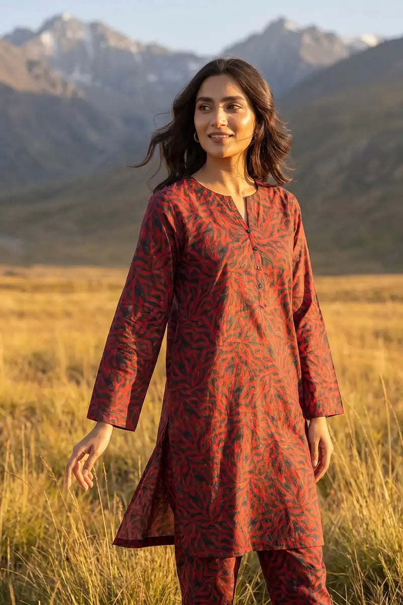 Medium front shot of model walking in Coral Maze 2 piece allover printed lawn suit by Dorikhas Pakistan.