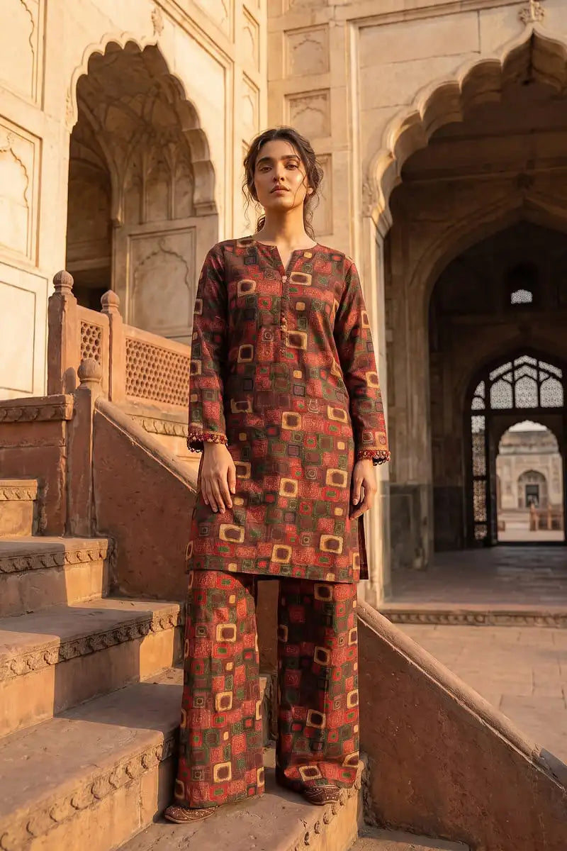 Front view of a woman wearing the Retro Grid 2 Piece Allover Printed Lawn suit by Dorikhas Pakistan, standing on historic sandstone stairs.