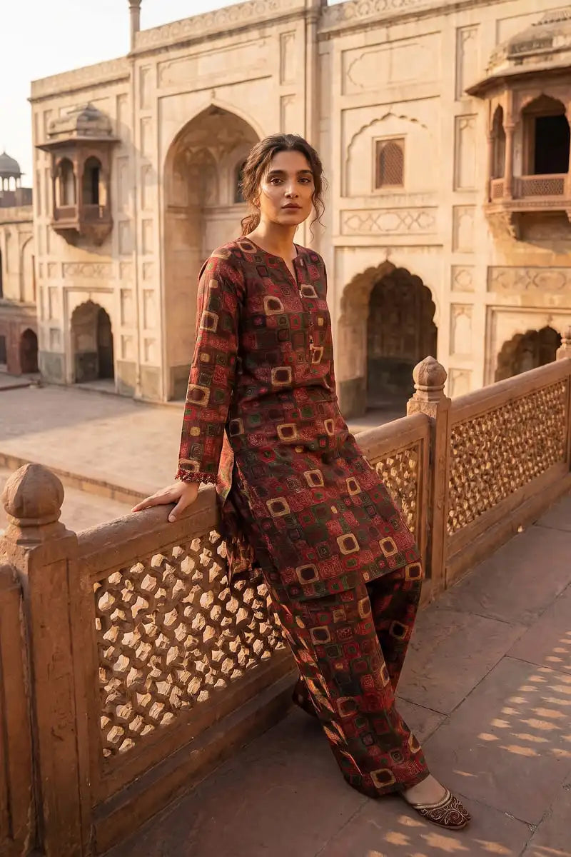 Model resting on a carved stone balcony, wearing the Dorikhas Pakistan Retro Grid allover printed lawn 2-piece suit featuring a classic geometric design.