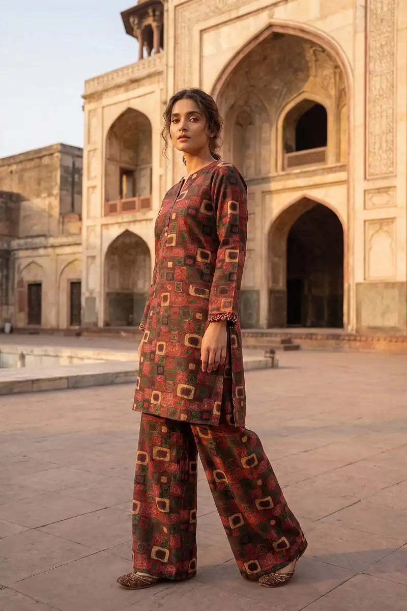 Side angle of the Retro Grid unstitched 2-piece lawn outfit from Dorikhas Pakistan on a model, showcasing the tunic drape and wide-leg trousers in a historic courtyard.
