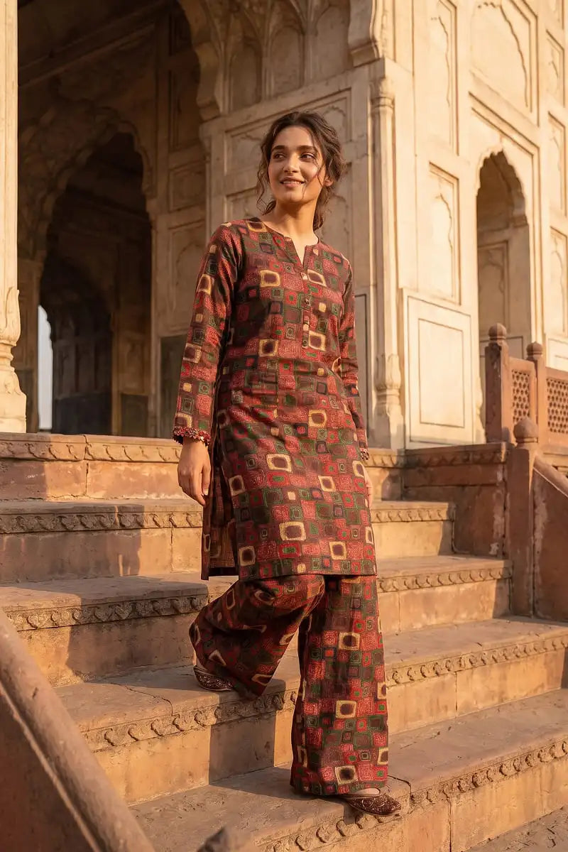 Smiling woman walking down stone stairs, modeling the comfortable and flowing Retro Grid 2-piece unstitched printed lawn outfit by Dorikhas Pakistan.