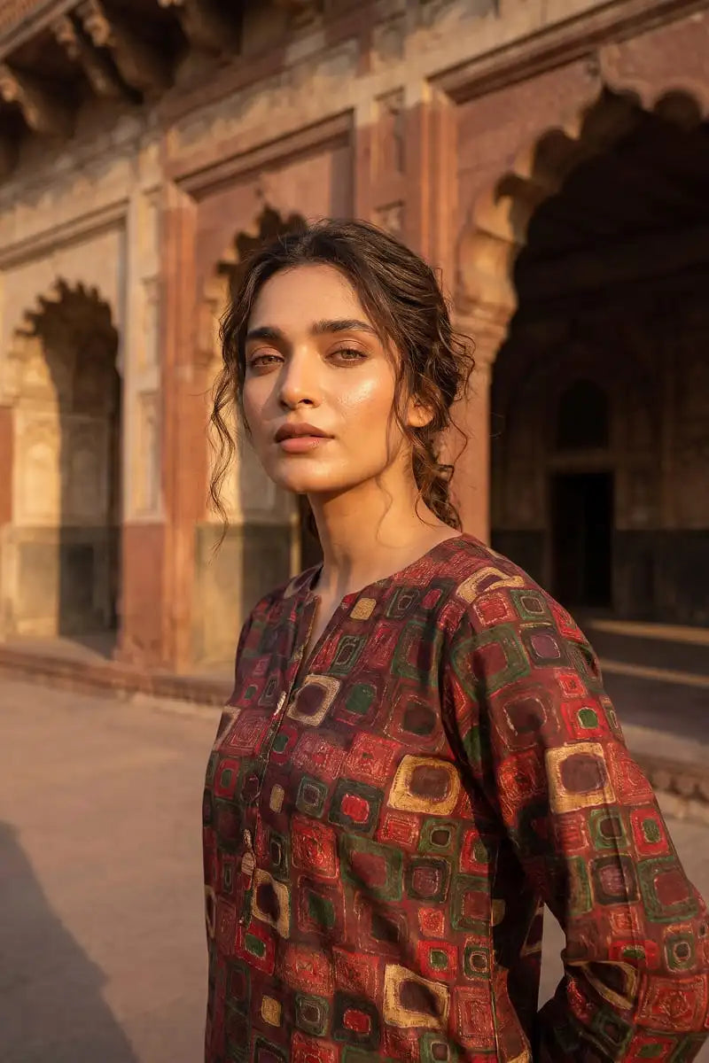 Close-up portrait of a woman wearing the Retro Grid printed lawn tunic by Dorikhas Pakistan, showcasing the neckline and vibrant brown geometric pattern.