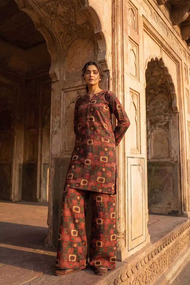 Woman modeling the brown geometric Retro Grid 2-piece printed lawn suit by Dorikhas Pakistan, leaning casually against a classic architectural archway.