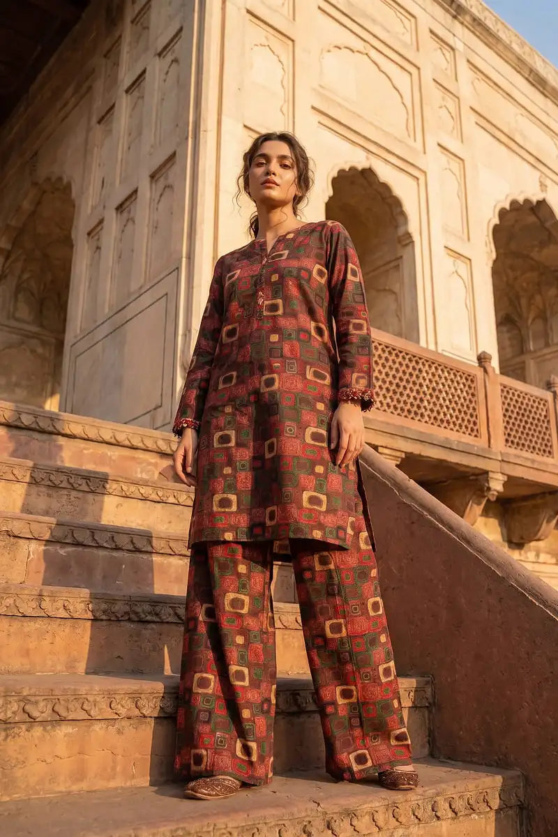 Low angle full-body shot of the Dorikhas Pakistan Retro Grid 2-piece unstitched lawn dress, featuring a long tunic and patterned palazzo pants.