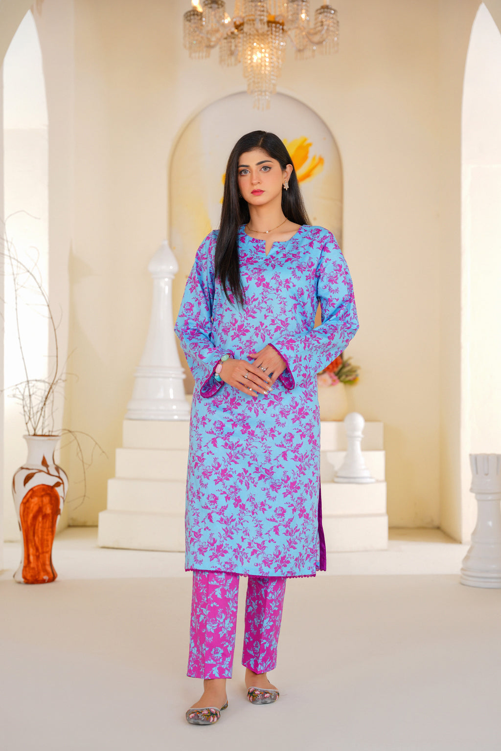 Gulabi | Sky Blue & Magenta Floral Printed Lawn (2pc)