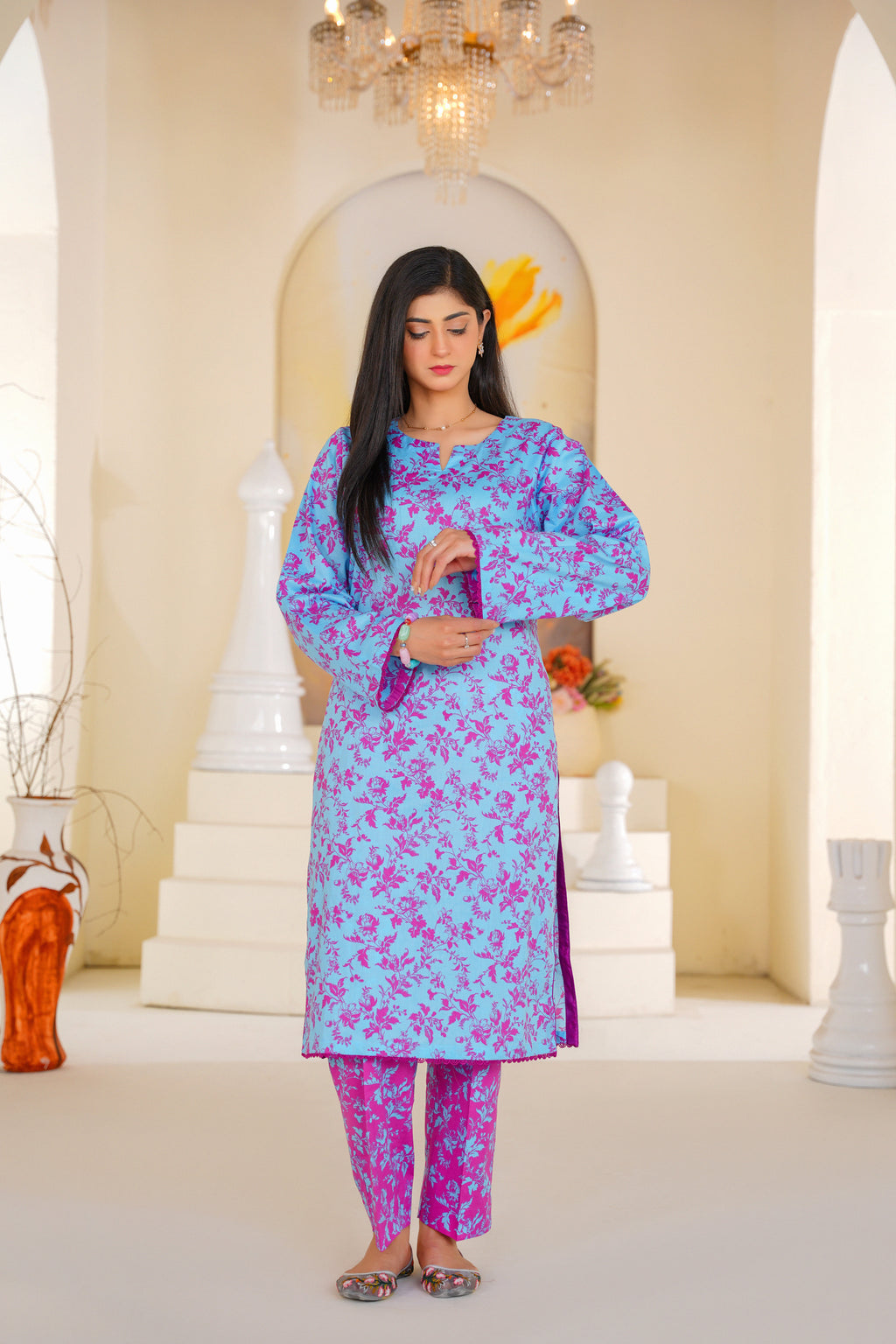 Gulabi | Sky Blue & Magenta Floral Printed Lawn (2pc)