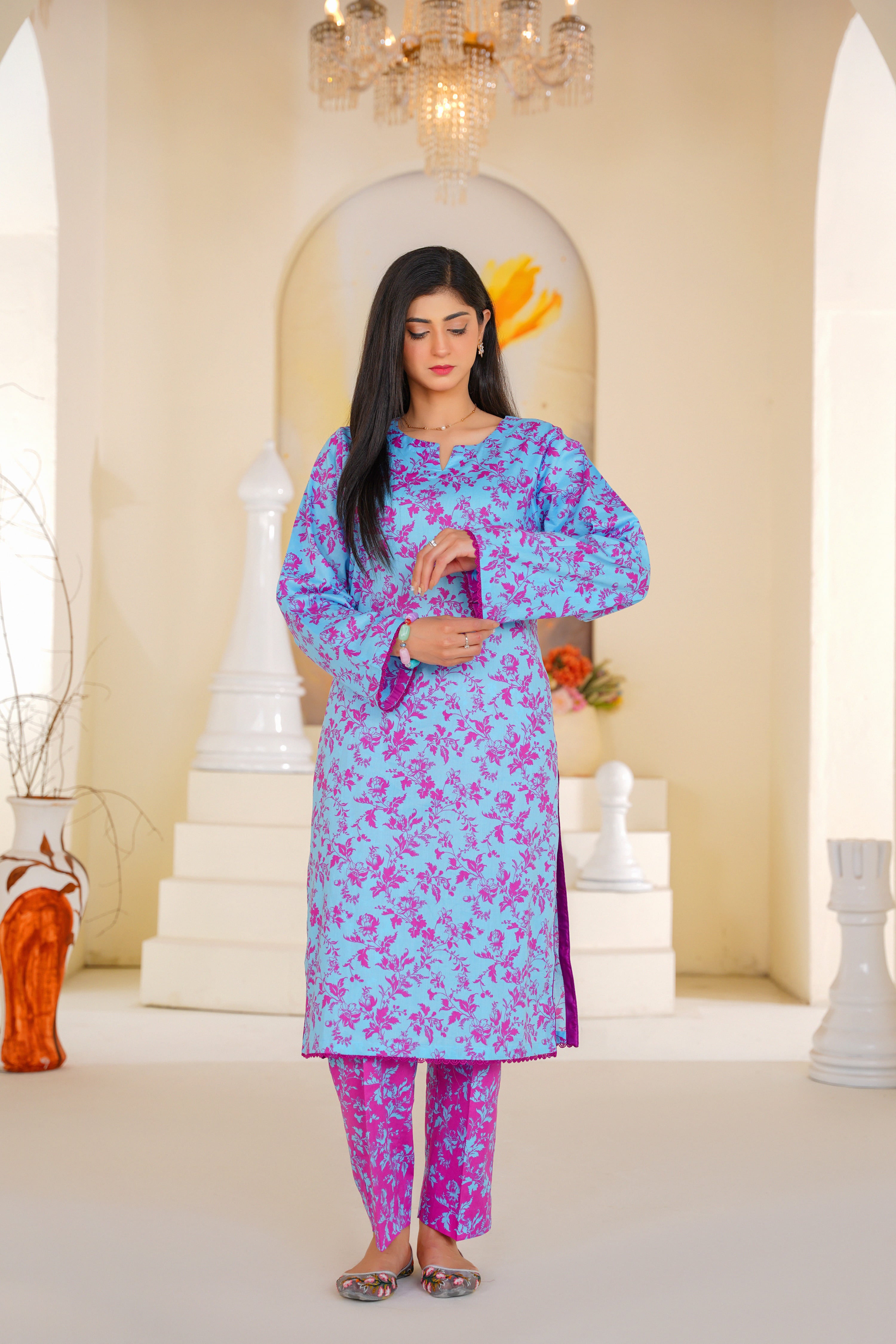 Gulabi | Sky Blue & Magenta Floral Printed Lawn (2pc)