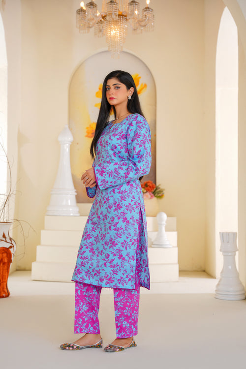 Gulabi | Sky Blue & Magenta Floral Printed Lawn (2pc)
