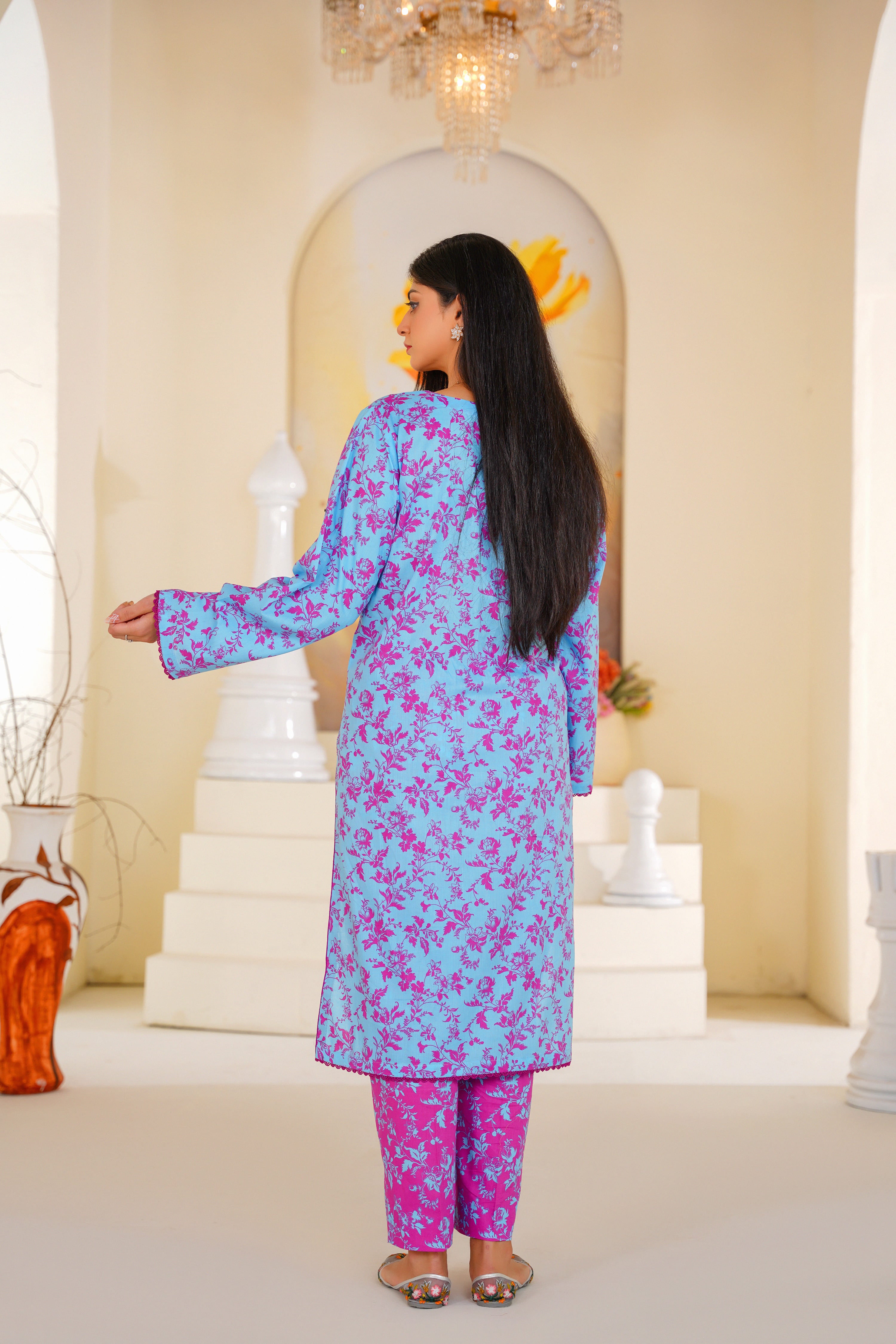 Gulabi | Sky Blue & Magenta Floral Printed Lawn (2pc)