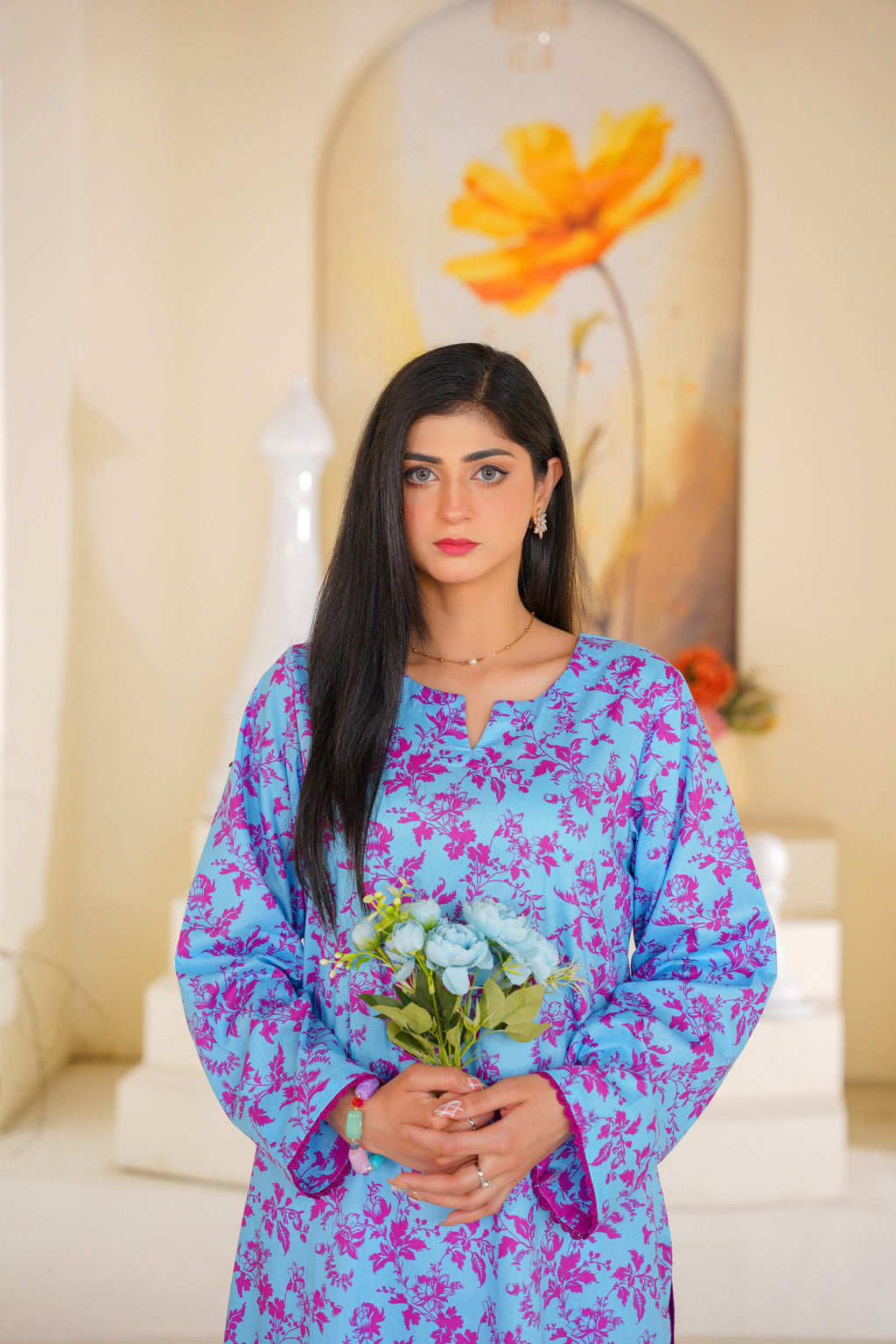 Gulabi | Sky Blue & Magenta Floral Printed Lawn (2pc)