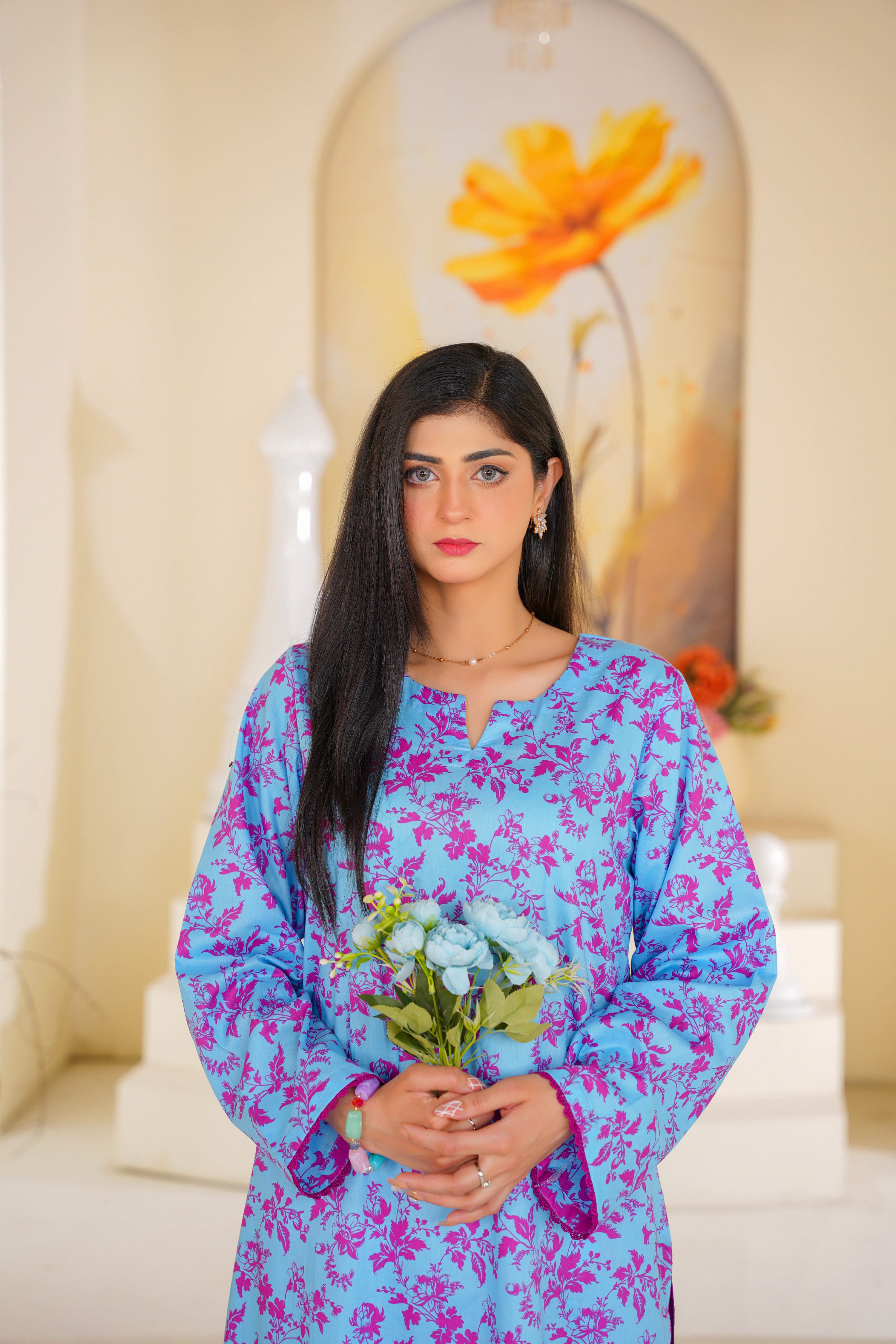 Gulabi | Sky Blue & Magenta Floral Printed Lawn (2pc)