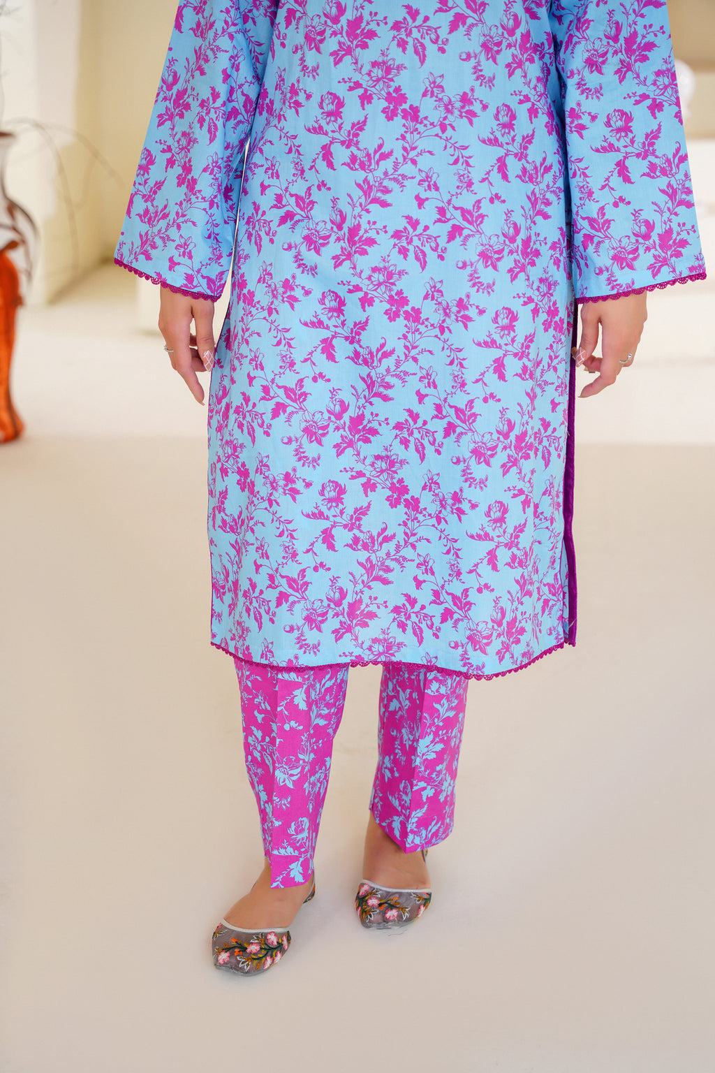 Gulabi | Sky Blue & Magenta Floral Printed Lawn (2pc)