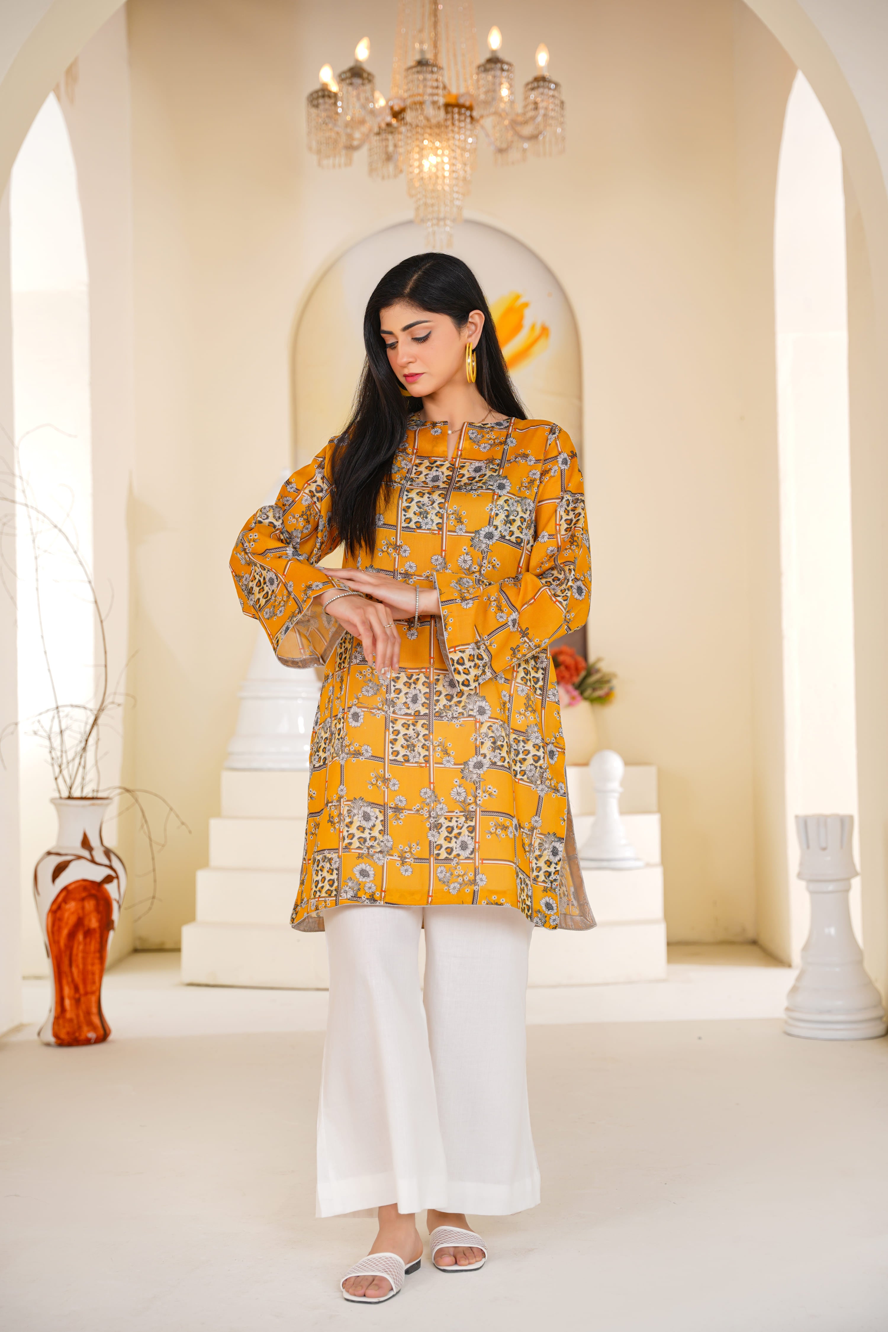 Sunny | Mustard Yellow Block Printed Lawn Kurti (2pc)