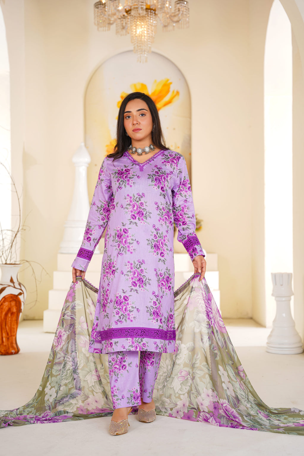 Lila | Floral Printed Lawn Suit & Chiffon Dupatta (3pc)