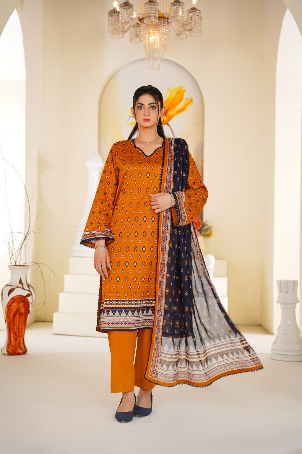 Amber | Mustard Orange Printed Lawn (3pc)