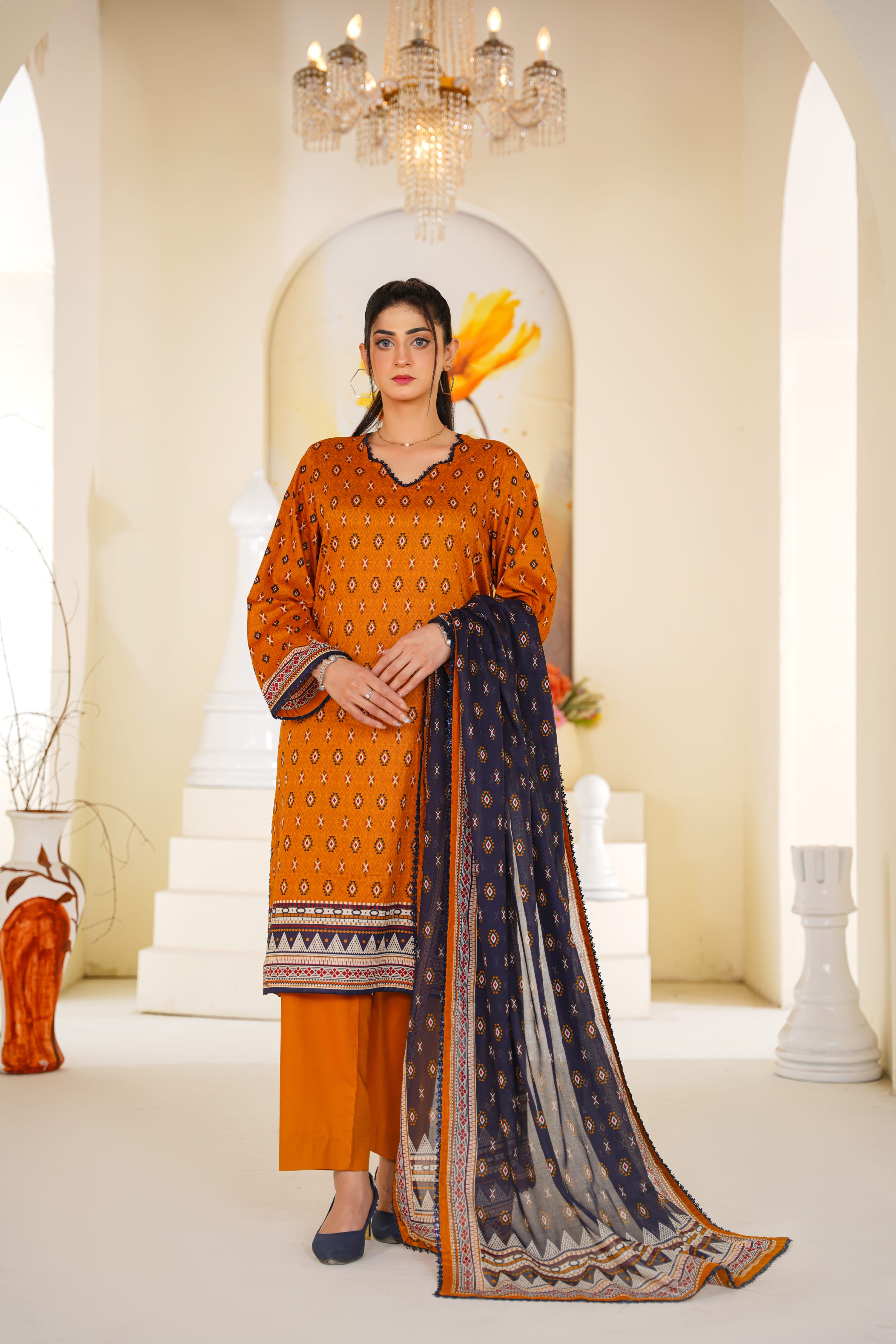 Amber | Mustard Orange Printed Lawn (3pc)