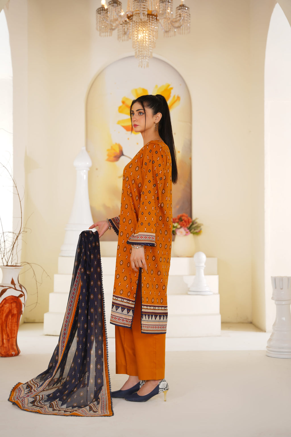 Amber | Mustard Orange Printed Lawn (3pc)