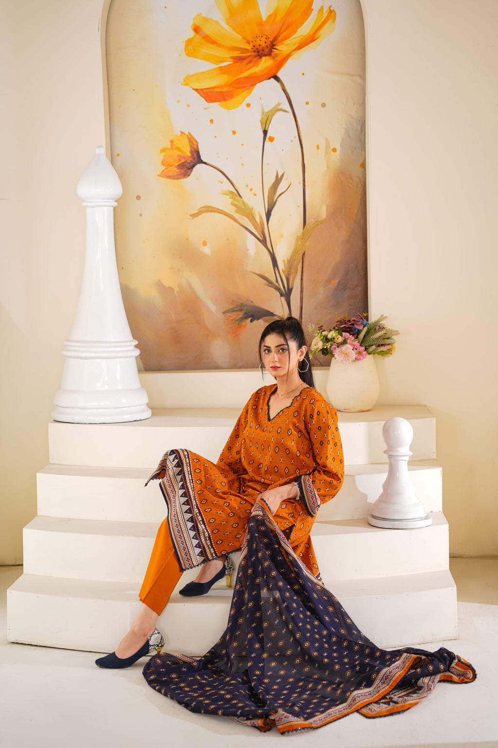 Amber | Mustard Orange Printed Lawn (3pc)
